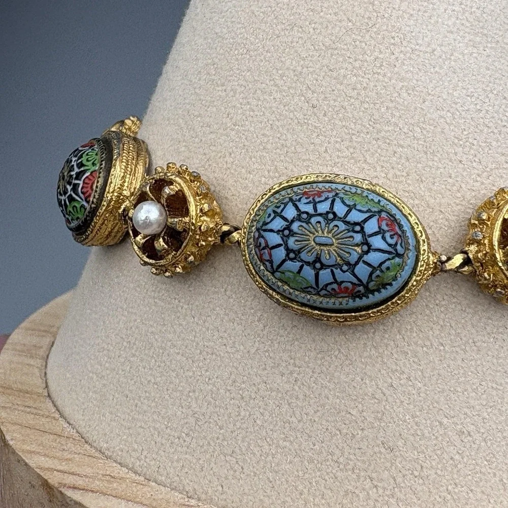 Vintage Renaissance LInk Bracelet Molded Glass Faux Pearl Moroccan